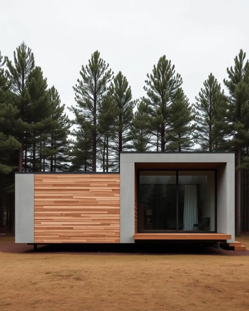 Casa modular RyT Haus con fachada de hormigón y madera de cedro entre pinos