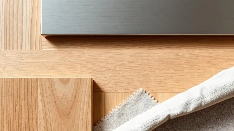 Detalle de materiales: roble, hormigón visto, acero cepillado y lino